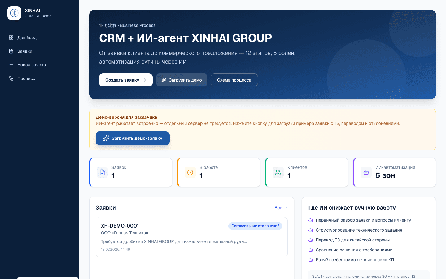 XINHAI CRM — шаблон CRM «Заявка → КП» с ИИ — обложка